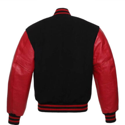 A Back View of Red and Black Letterman Varsity Jacket with red leather sleeves and rib knit cuffs, collar, and waistband.