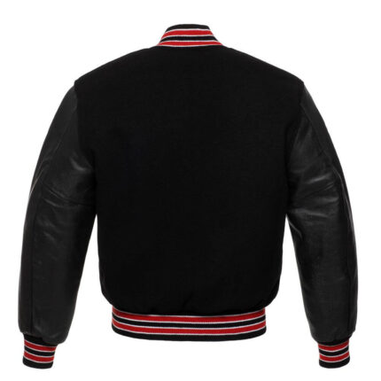 A Back View of Black Varsity Letterman Jacket with Black leather sleeves and rib knit cuffs, collar, and waistband.