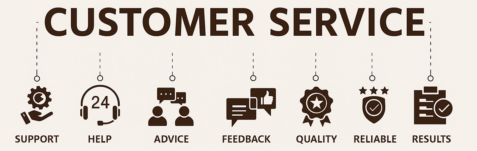Infographic illustrating customer service concepts: support, help, advice, feedback, quality, reliability, and results, each represented by a corresponding icon.