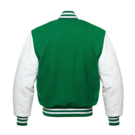 A Back View of Green White Letterman Varsity Jacket with white leather sleeves and rib knit cuffs, collar, and waistband.