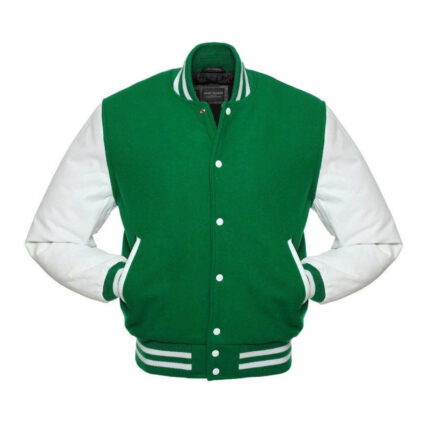 Front View of Green White Varsity Jacket with white leather sleeves, white buttons, white trimmed pockets, and green and white striped cuffs, collar, and waistband.