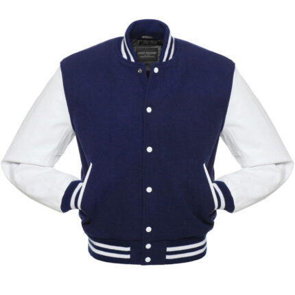 Front View of Navy White Varsity Jacket with white leather sleeves, white buttons, white trimmed pockets, and royal and white striped cuffs, collar, and waistband.