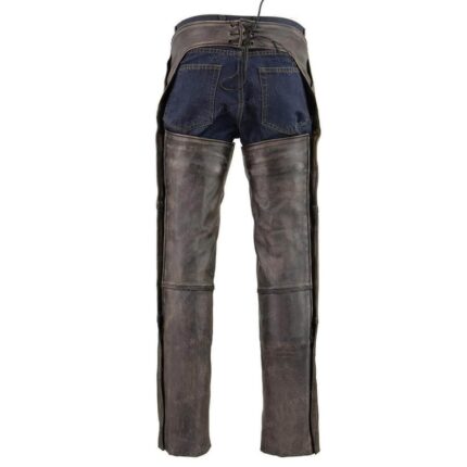 Back view of Men's Distressed Brown Leather Chaps featuring a lace-up corset belt adjustment over casual blue denim jeans.