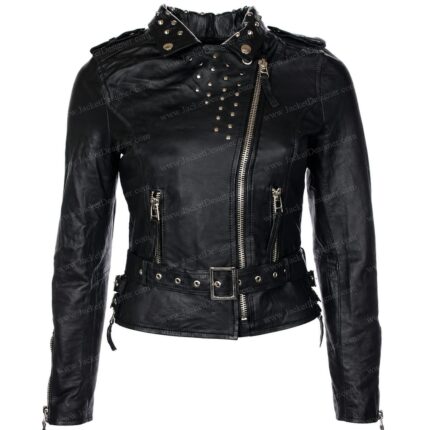 Women's Black Studded Leather Jacket with Belt and Asymmetrical Zipper Front View.