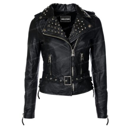 Women's Black Studded Leather Jacket with Belt and Asymmetrical Zipper Front View.