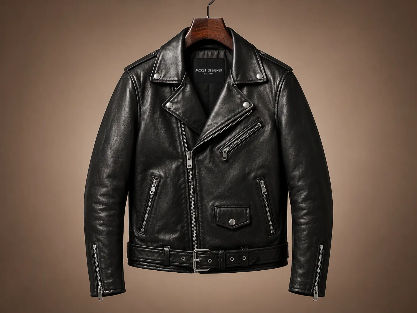 Custom black leather asymmetric biker jacket with belt and zipper details on a wooden hanger.