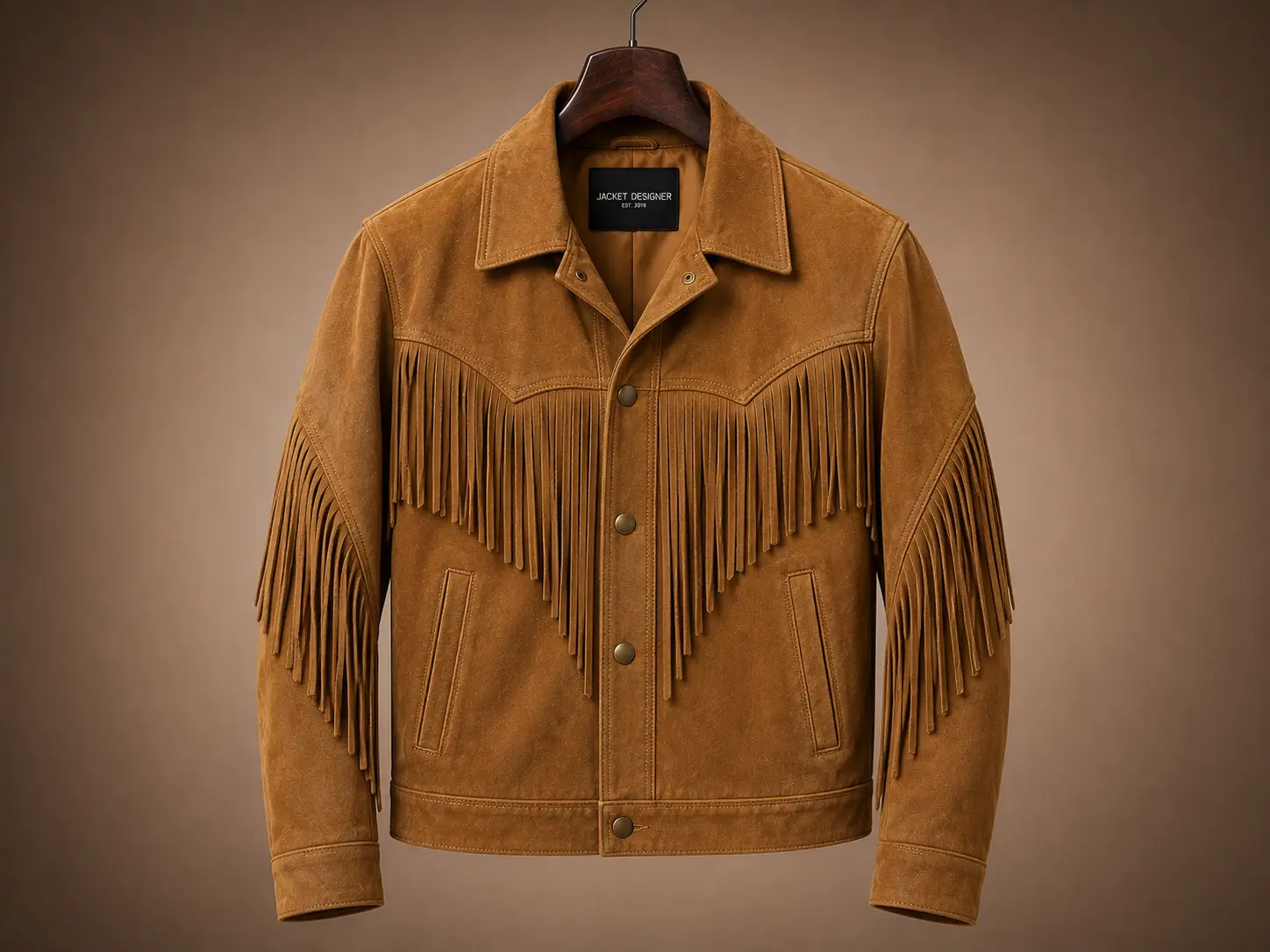 Custom brown suede fringe jacket featuring a Western-style design with a button front and leather tassels on the chest