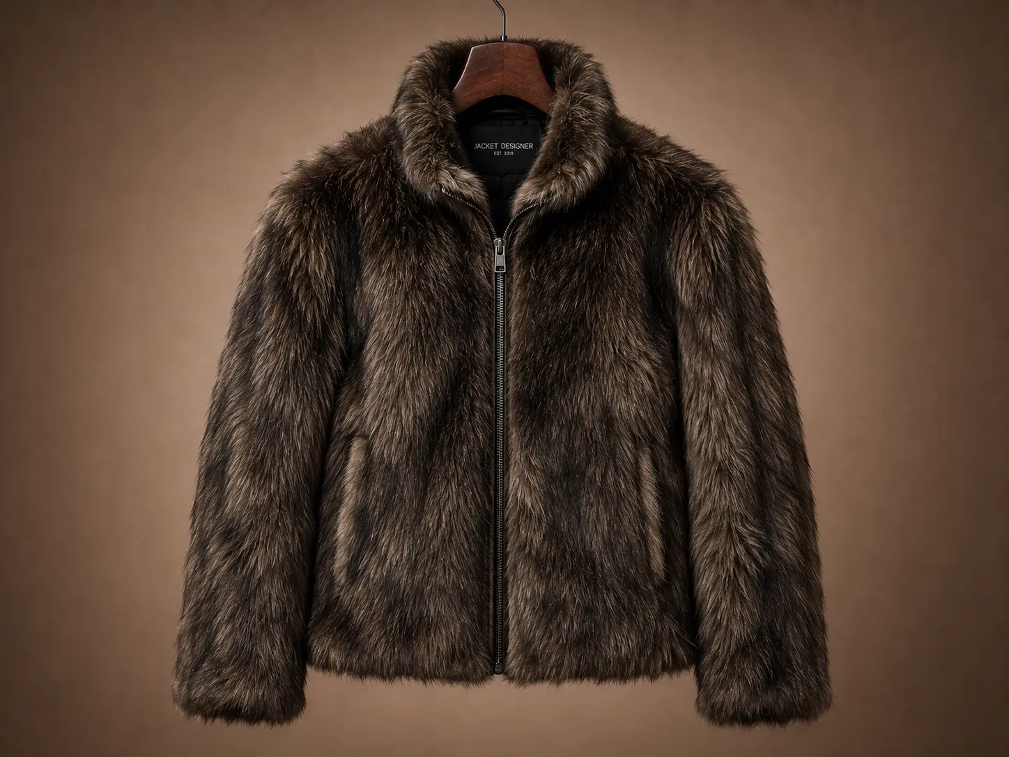Custom brown faux fur jacket featuring a plush texture, high collar, and full front zip, displayed on a hanger.