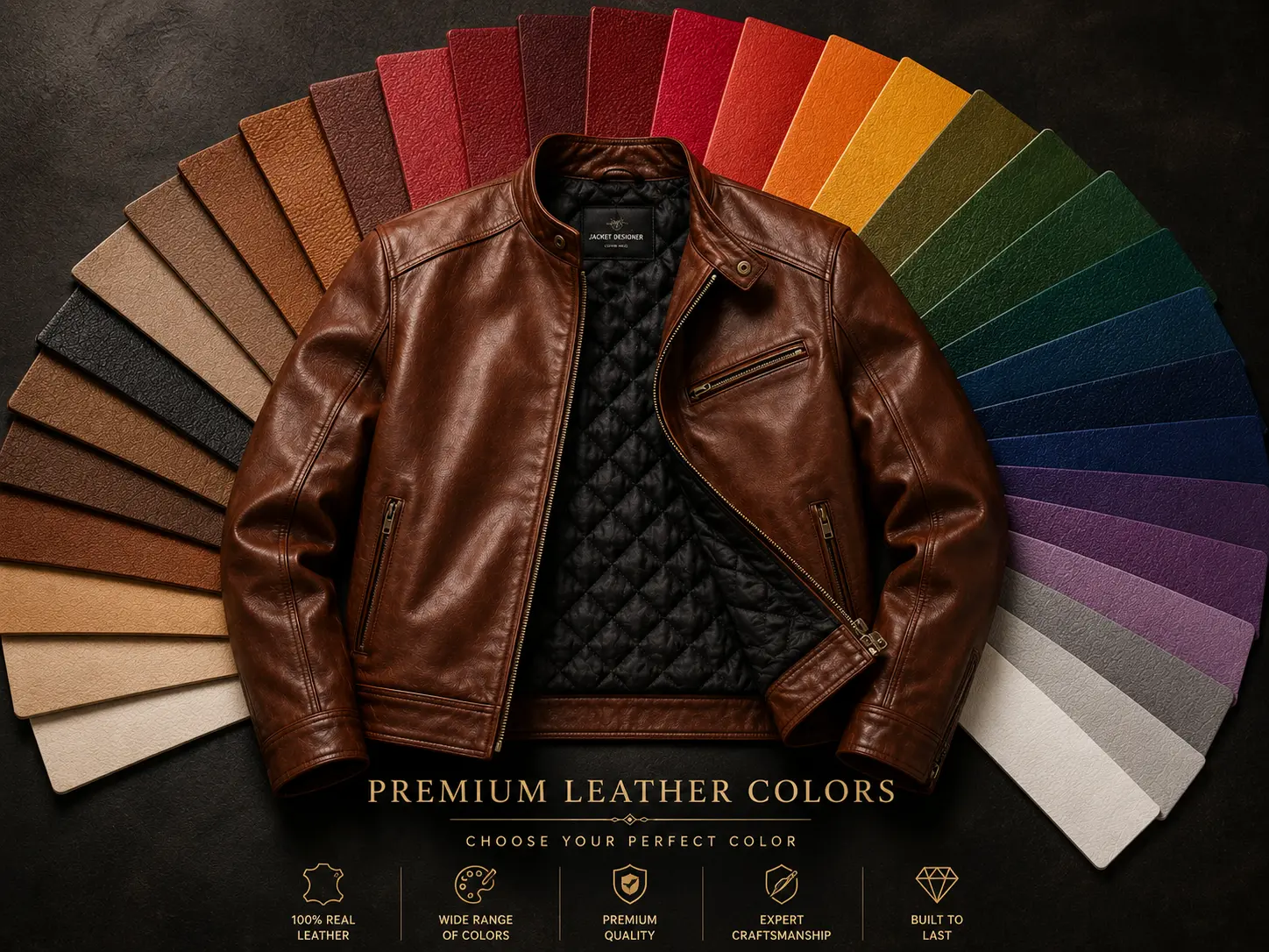 Custom leather jacket color options featuring black, brown, tan, white, red, blue, green, burgundy, grey and other premium leather and lining colors.