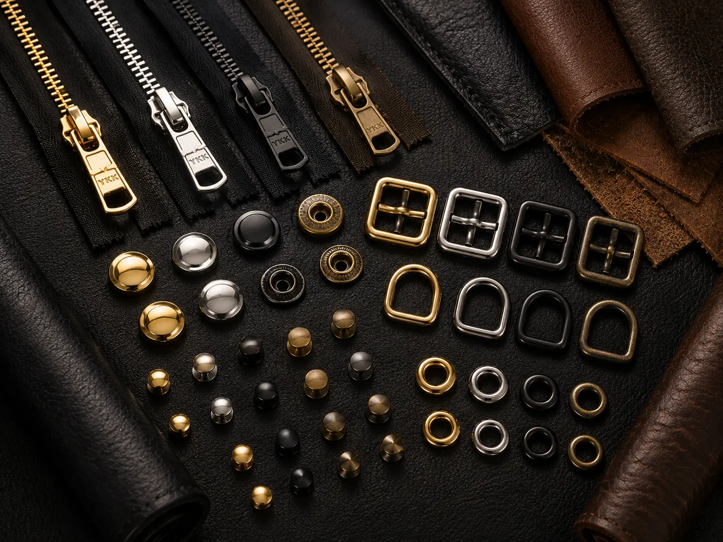 Premium custom jacket hardware including YKK zippers, snap buttons, buckles, rivets, D-rings, eyelets, and metal finish options for custom leather jackets.
