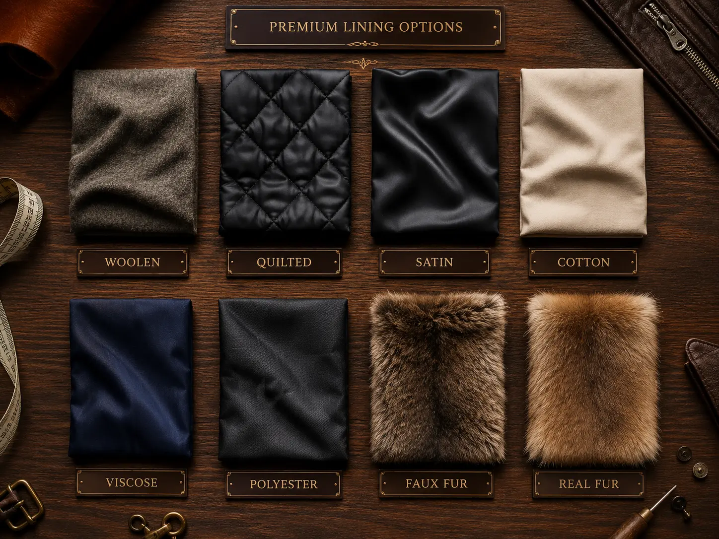 Premium jacket lining options swatch menu featuring woolen quilted satin cotton viscose polyester faux fur and real fur textures for custom leather jackets.
