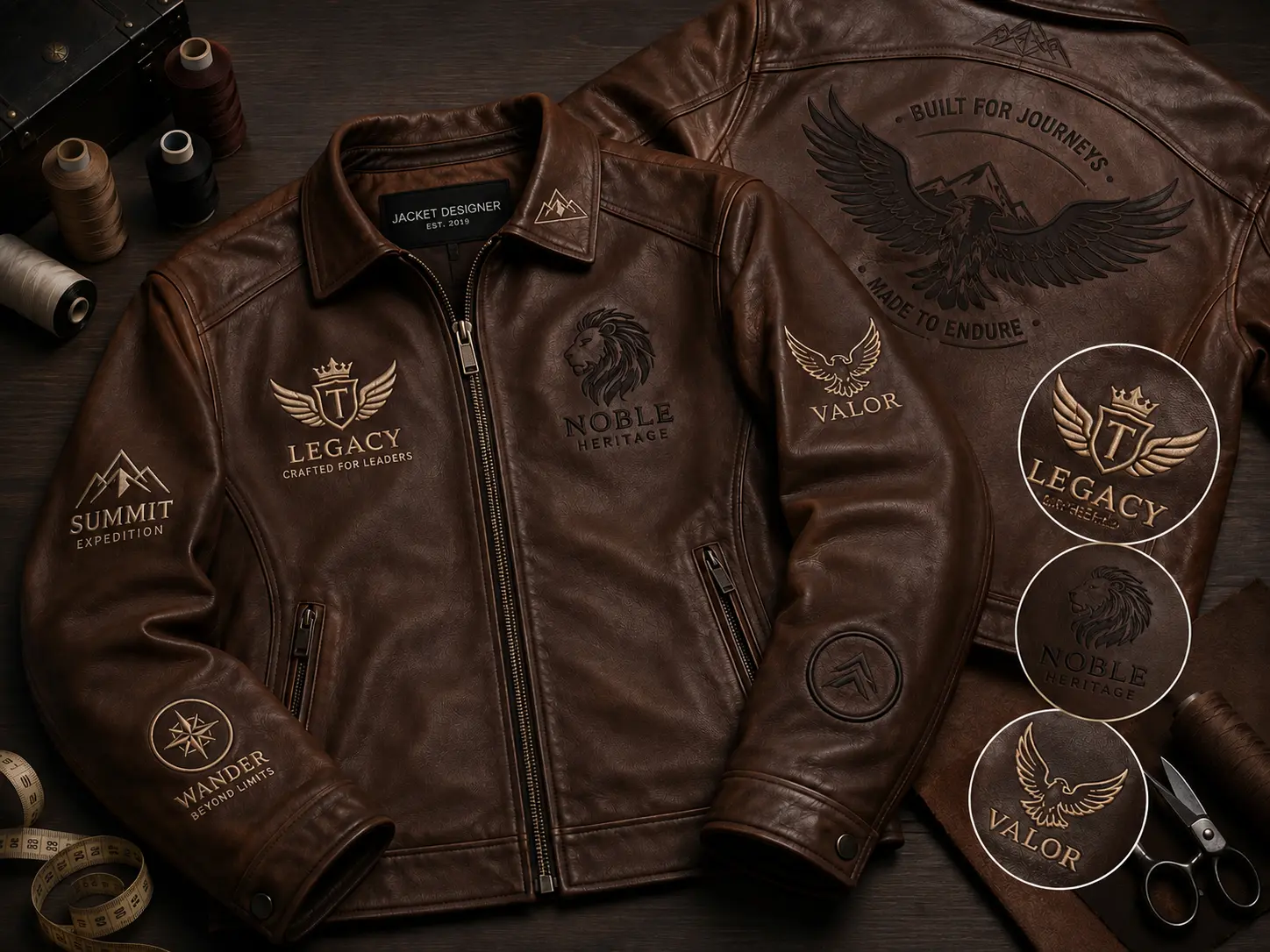 Custom leather jacket featuring embroidered, printed, embossed, and engraved logos on the chest, back, sleeves, and collar for premium branding.