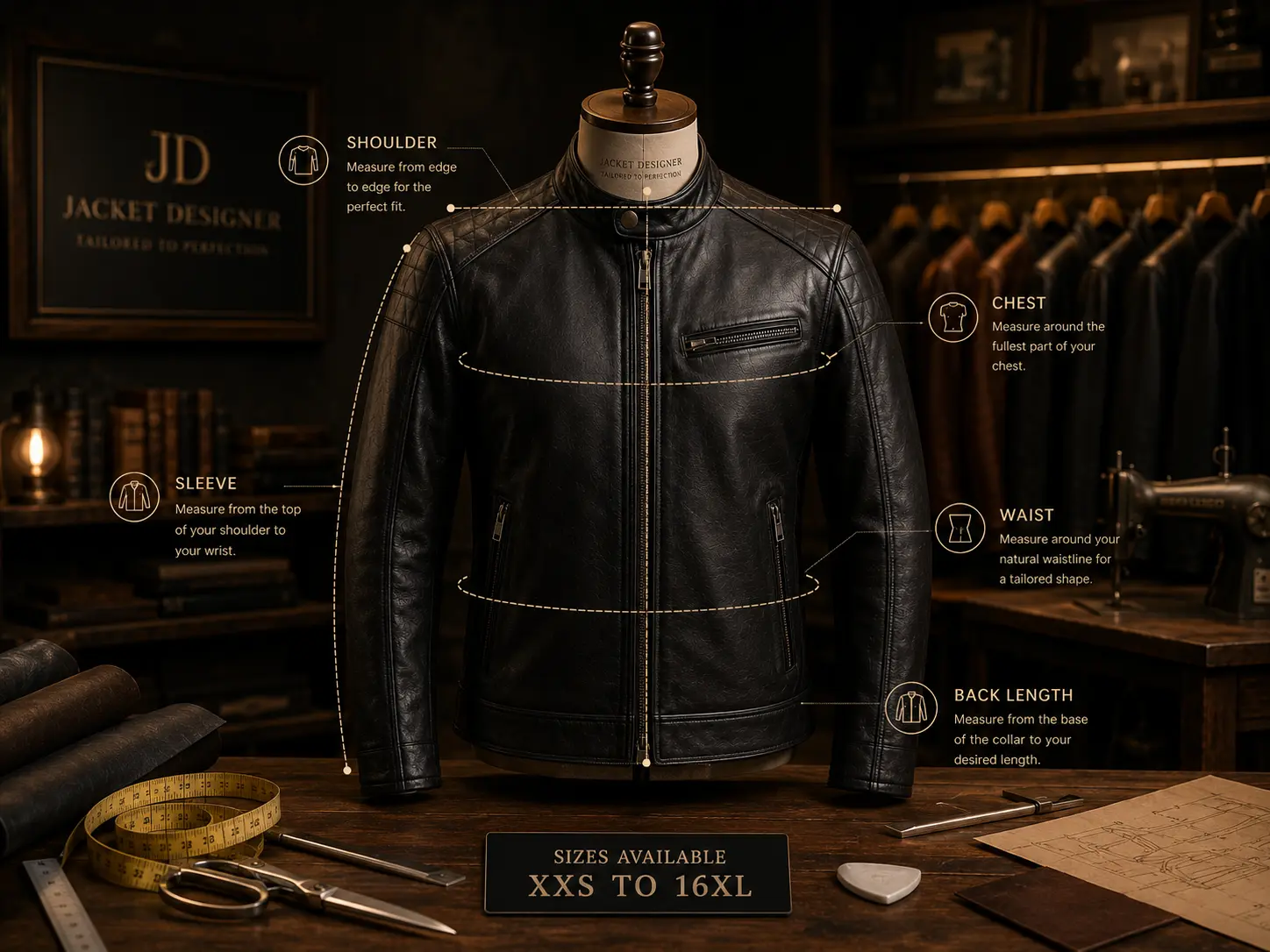 Custom leather jacket sizing from XXS to 16XL with custom body measurement options for men and women.