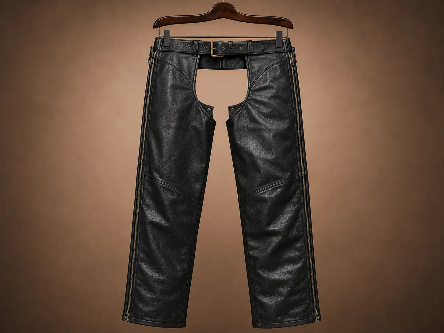 Custom black leather motorcycle chaps featuring side zipper closures, a buckled waist belt, and full-length leg coverage.