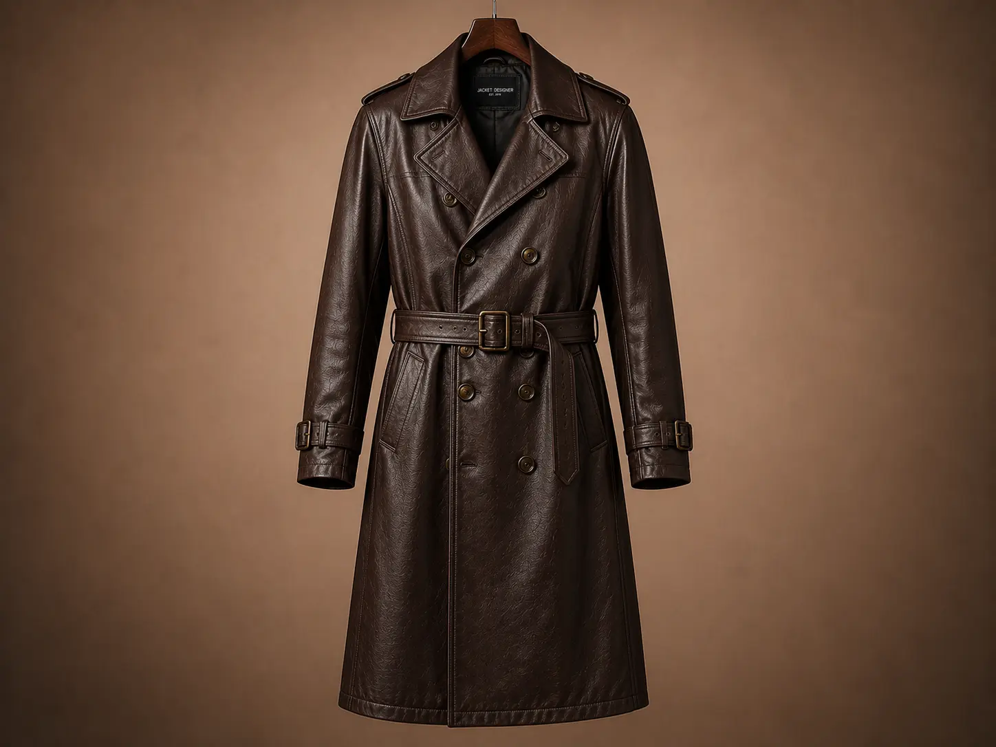 Custom dark brown leather trench coat with a double-breasted button closure, wide lapels, and a matching waist belt.