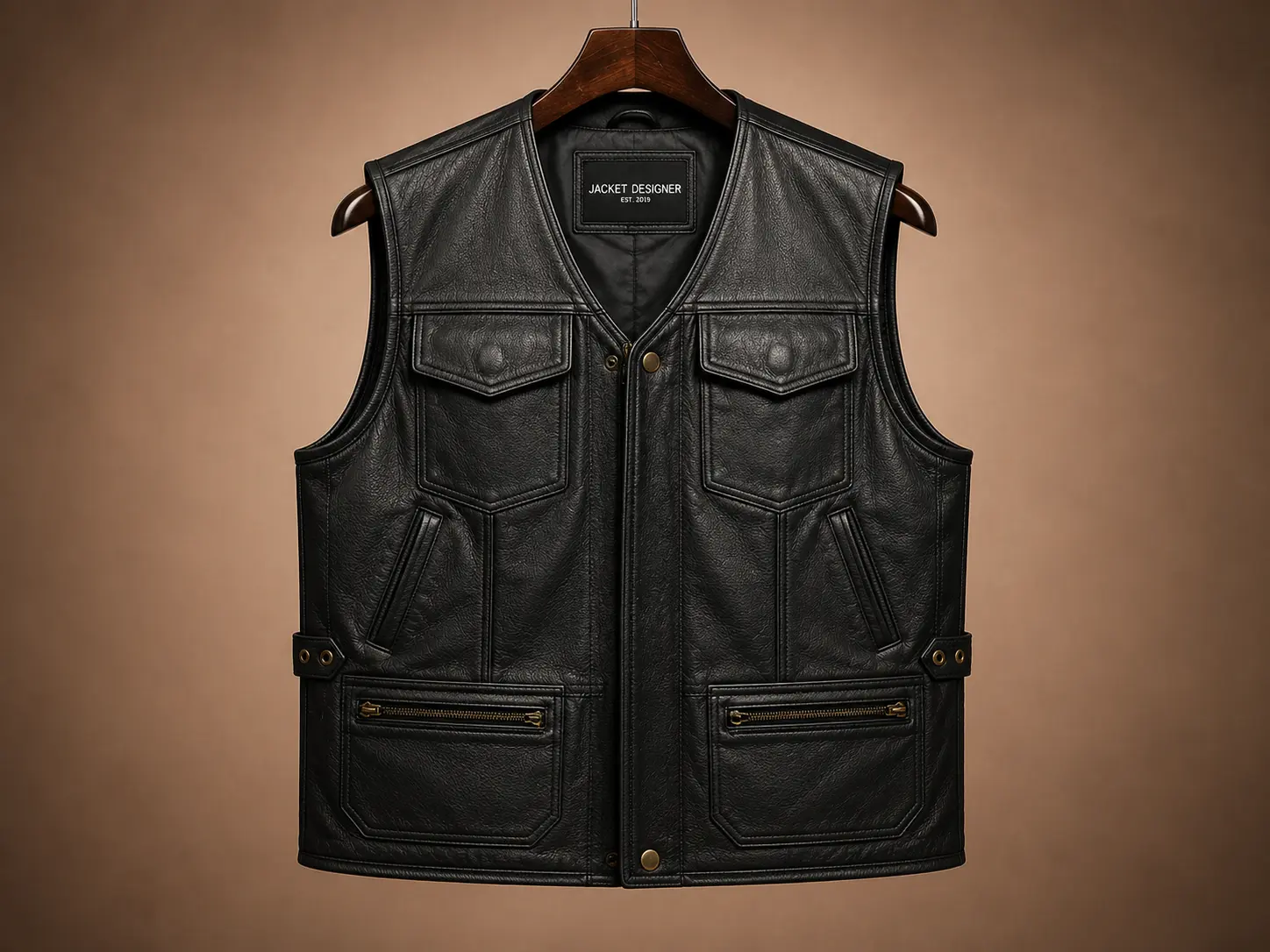Custom black leather motorcycle vest with multiple front utility pockets, snap button closure, and side waist adjusters. 