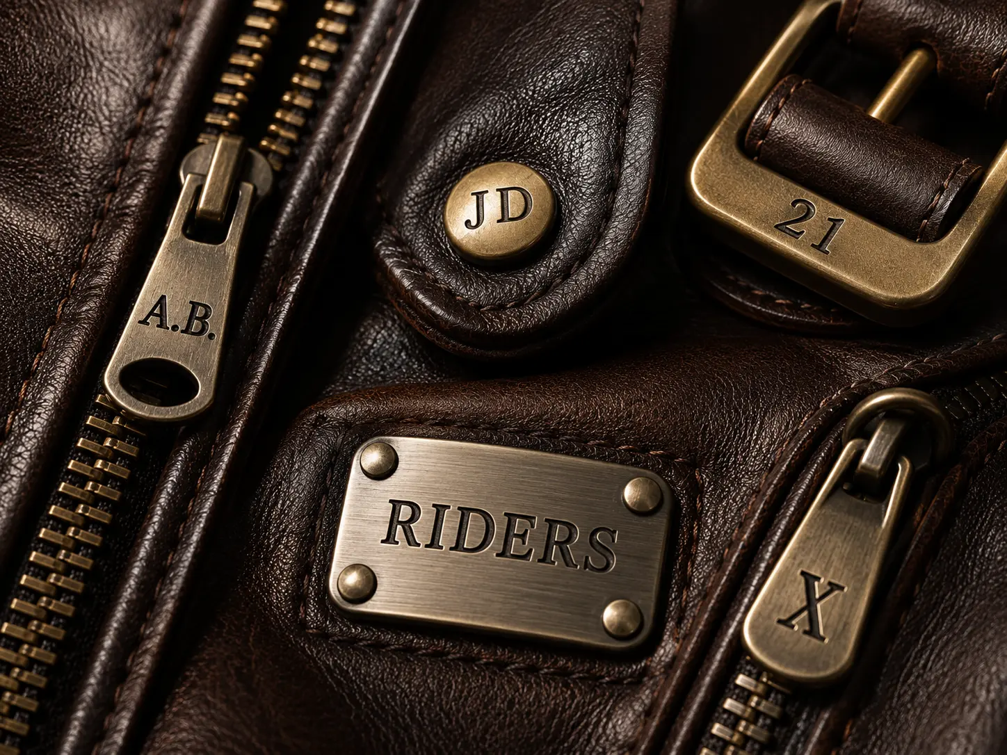 Custom leather jacket hardware featuring a custom engraved Riders metal plaque, personalized initials A.B. on brass zippers, and custom logo buckles.