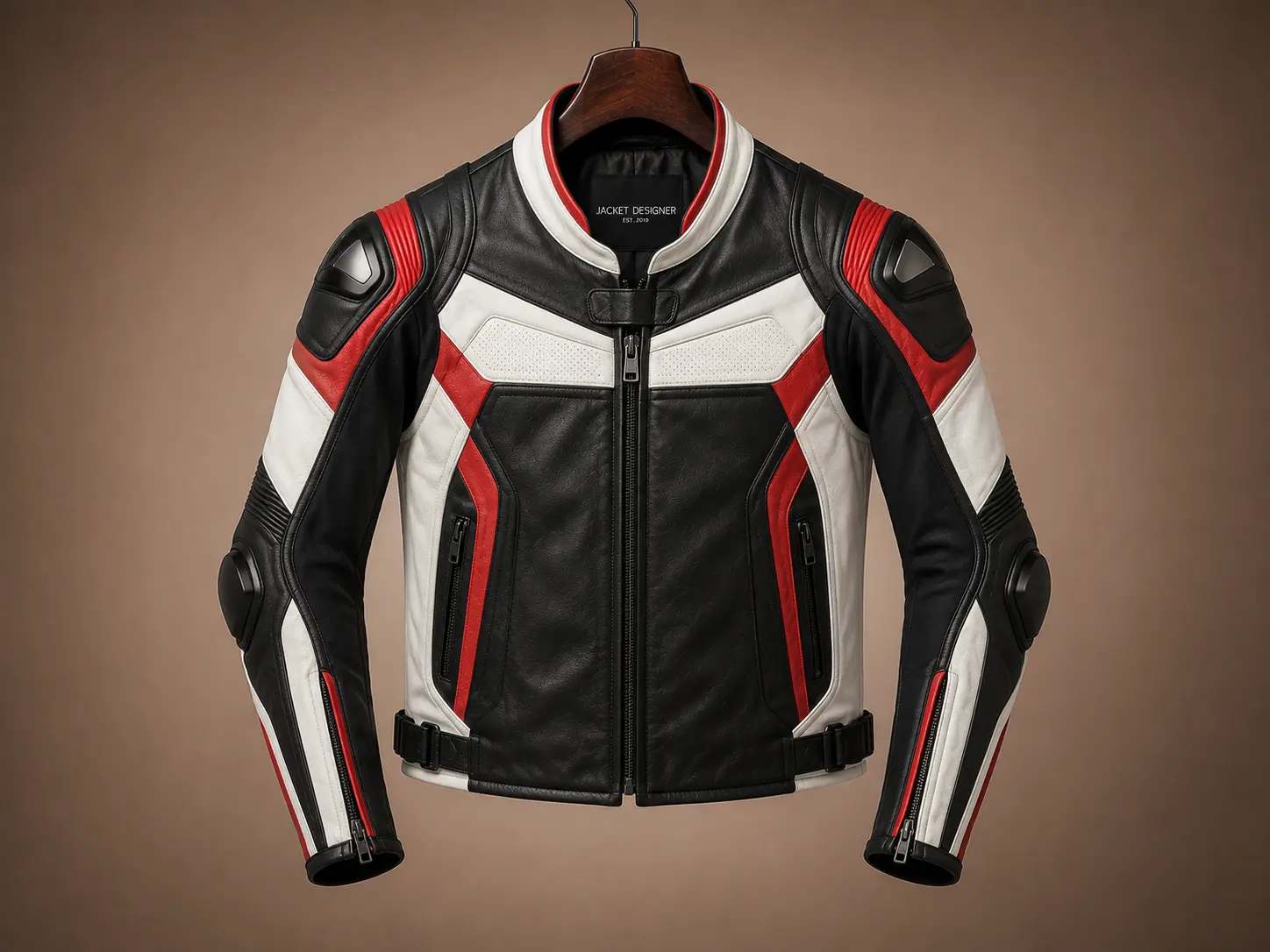 Custom black, white, and red leather motorcycle racing jacket equipped with protective armor on the shoulders and elbows.