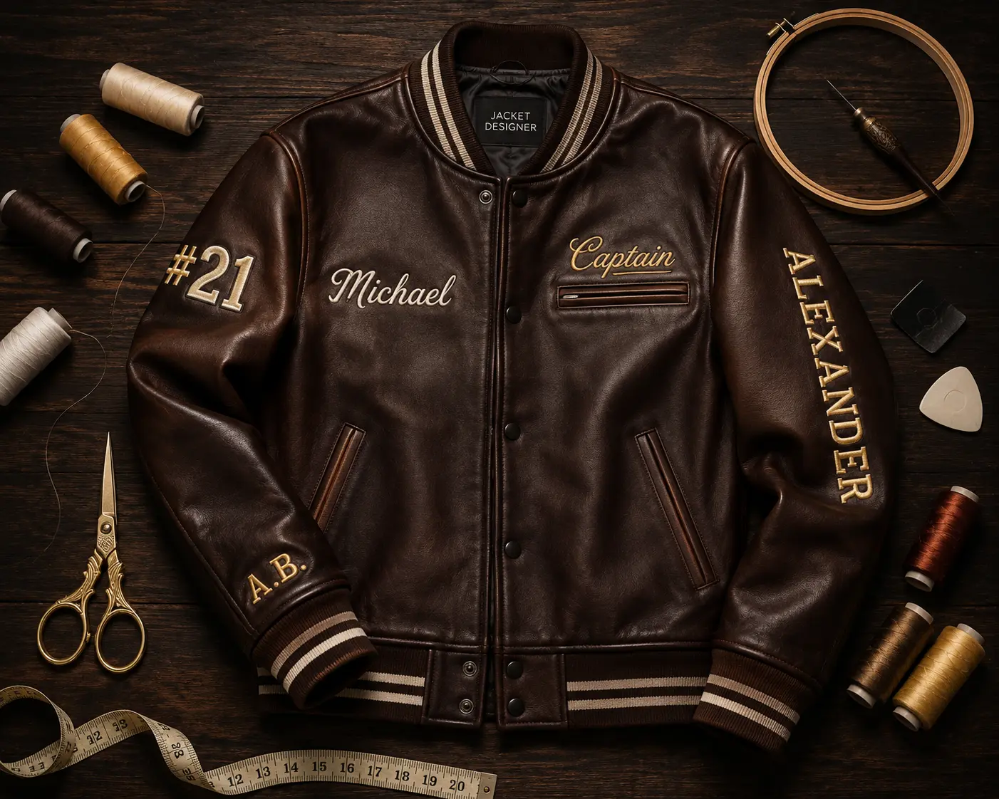 Custom leather jacket with embroidered personalized name Michael, captain title, initials A.B., and number 21, showing custom monogram option