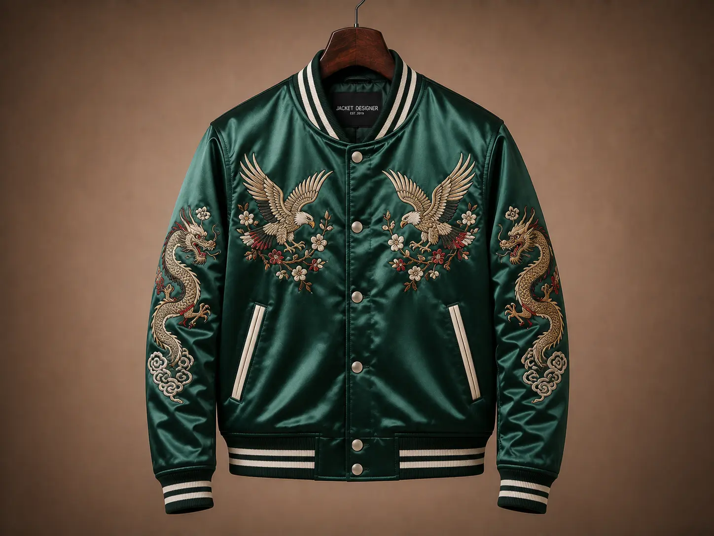 Custom emerald green satin bomber jacket featuring intricate gold embroidery of dragons, eagles, and floral accents.