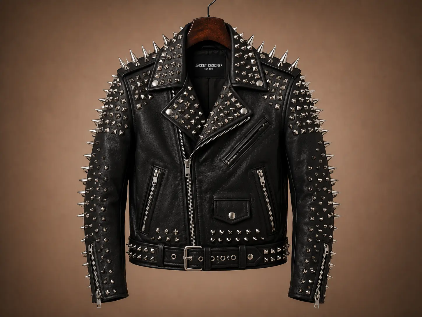 Custom black leather biker jacket adorned with heavy silver spikes and pyramid studs, featuring an asymmetrical zipper and belted waist.