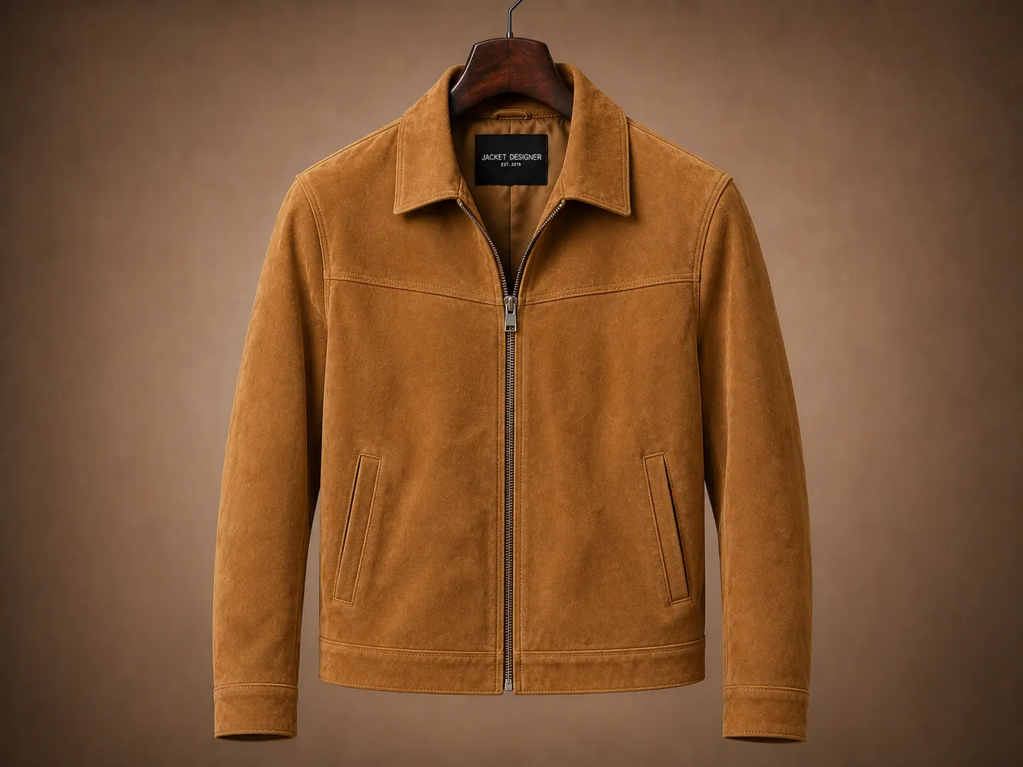 Custom brown suede leather jacket with a classic collar and front zipper, displayed on a wooden hanger.