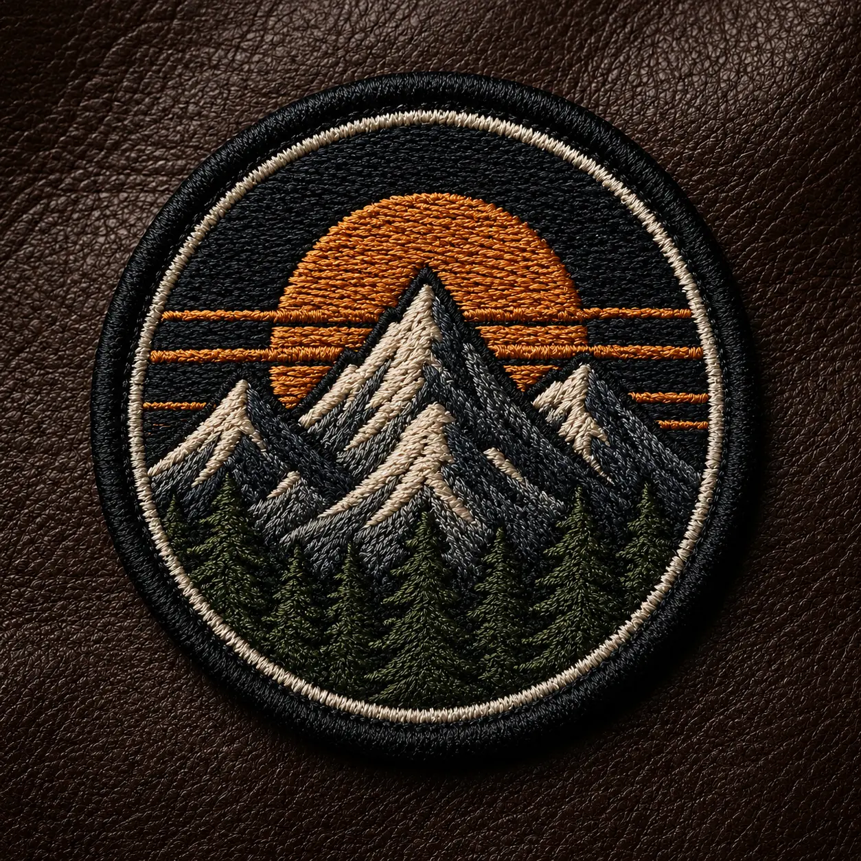 Custom embroidered mountain patch on a premium leather jacket.