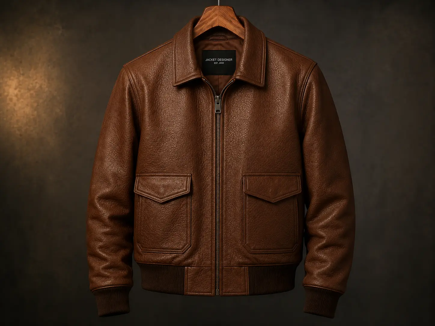 Custom brown leather A2 bomber jacket with front flap pockets on a wooden hanger.