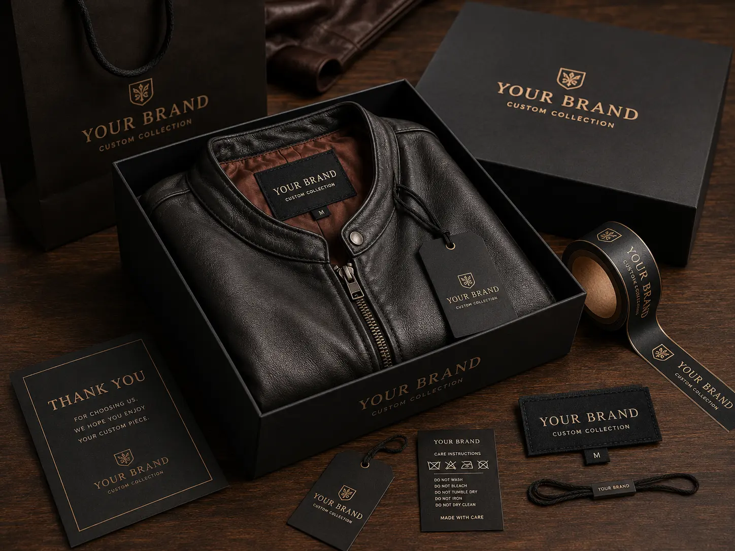 Private label jacket manufacturing with custom labels, tags, packaging and branding options for custom leather jackets.