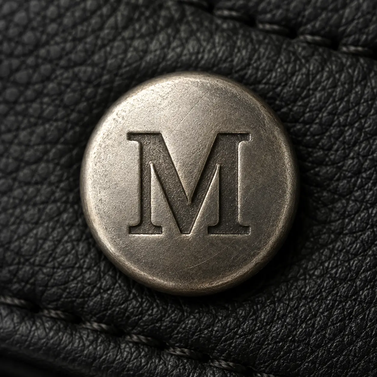 Metal rivet engraved with the letter M.